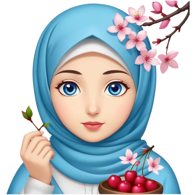 Turkish beautiful finish Konya girl blue eyes with hijab islamic dress and had on her hand cherry blossom emoji