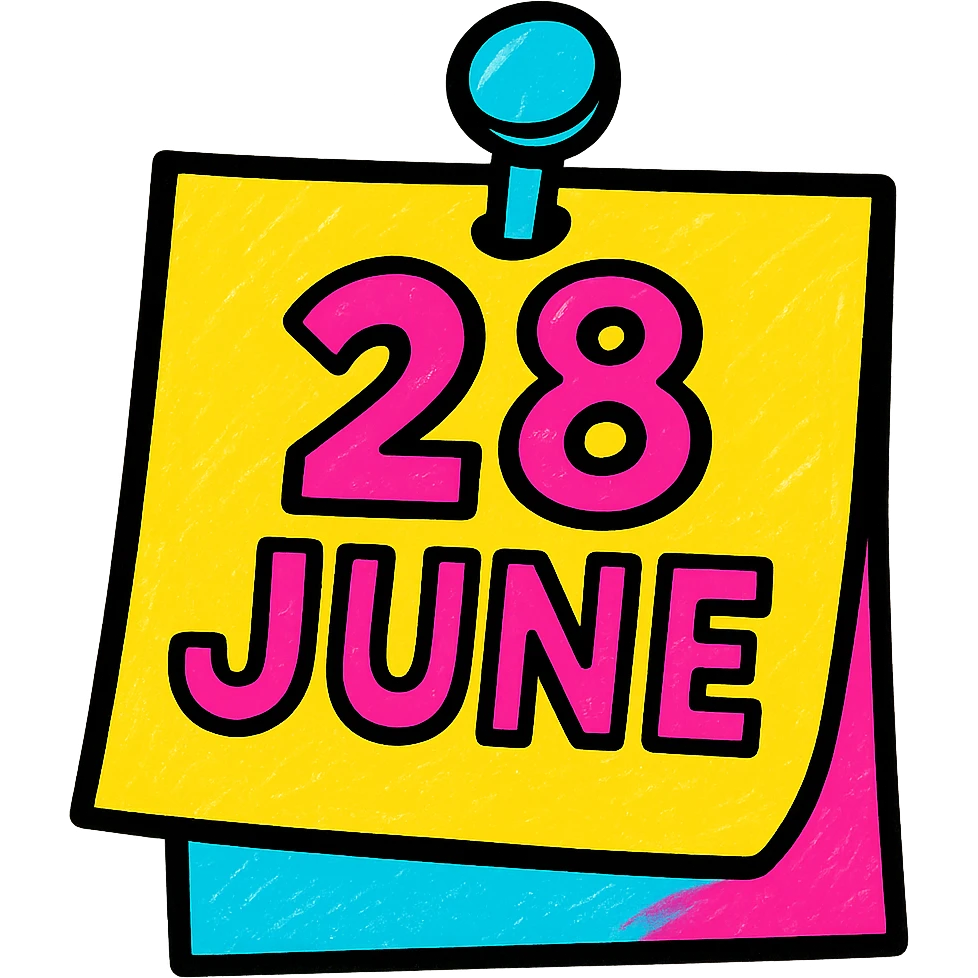 a sticky note with a pushpin, text '28 June', vibrant and playful, pop colors style emoji