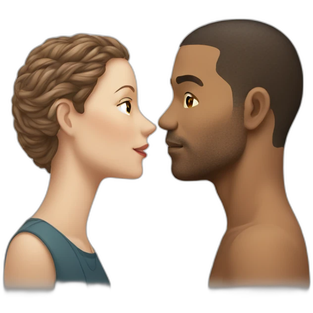 A mixed race man with very little hair kissing a white woman with brown hair emoji