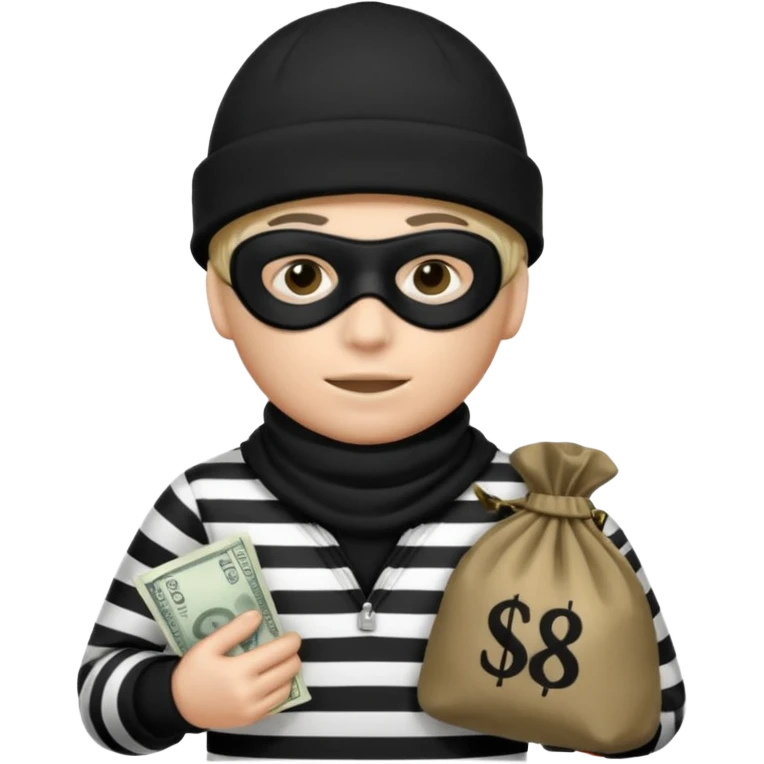 A emoji of a person wearing a black and white robber outfit and a black winter hat and a black mask and a Money Bag emoji