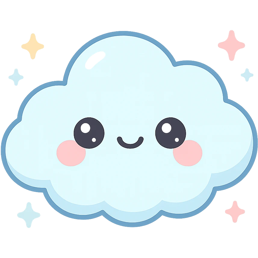 chibi cloud character, soft and puffy, round and cute, smiling with blushing cheeks, pastel sky blue color, sparkles around, gentle lighting, kawaii vector sticker design emoji