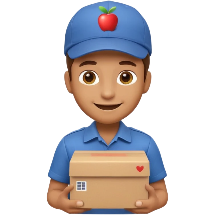 3D Apple-style emoji of a delivery worker holding a cardboard package. Wearing a cap and uniform shirt, smiling expression. Rounded, glossy, smooth, soft shadows, white background.




 emoji