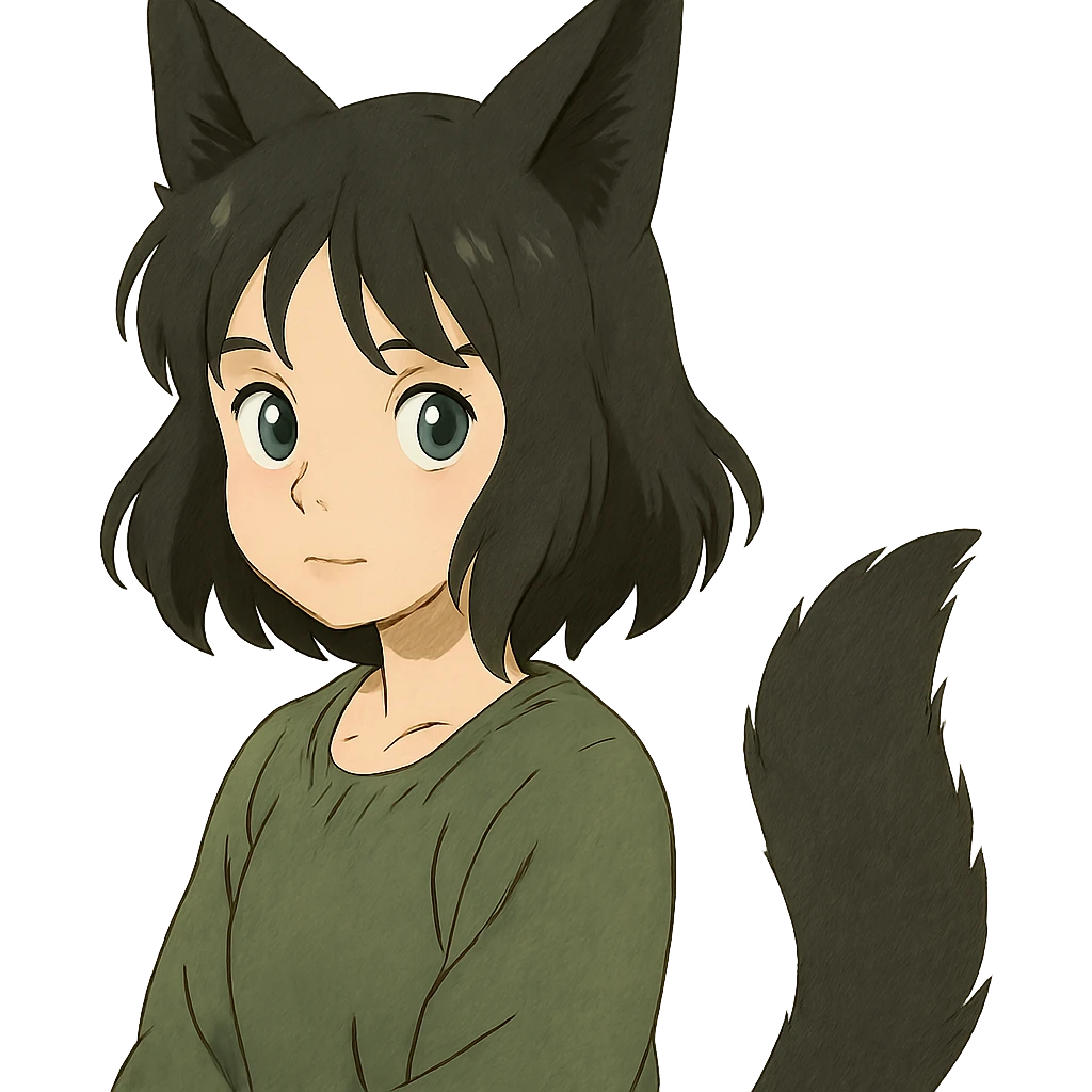 a girl with black fox ears and a tail, green eyes, dark hair emoji