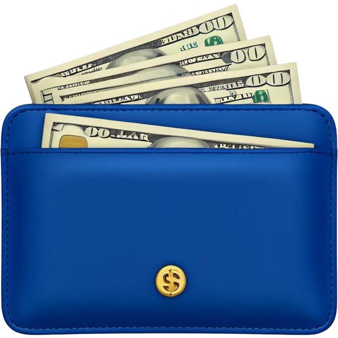 Rich emoji style Deep Blue leather wallet with dollar bills, luxury money vibe, premium 3D emoji, ultra clean, high detail, no background emoji