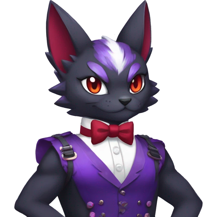 cool anthro black purple red ethereal fantasy nargacuga-Noivern-cat-Fakemon collar harness bow tie and bracers full body emoji