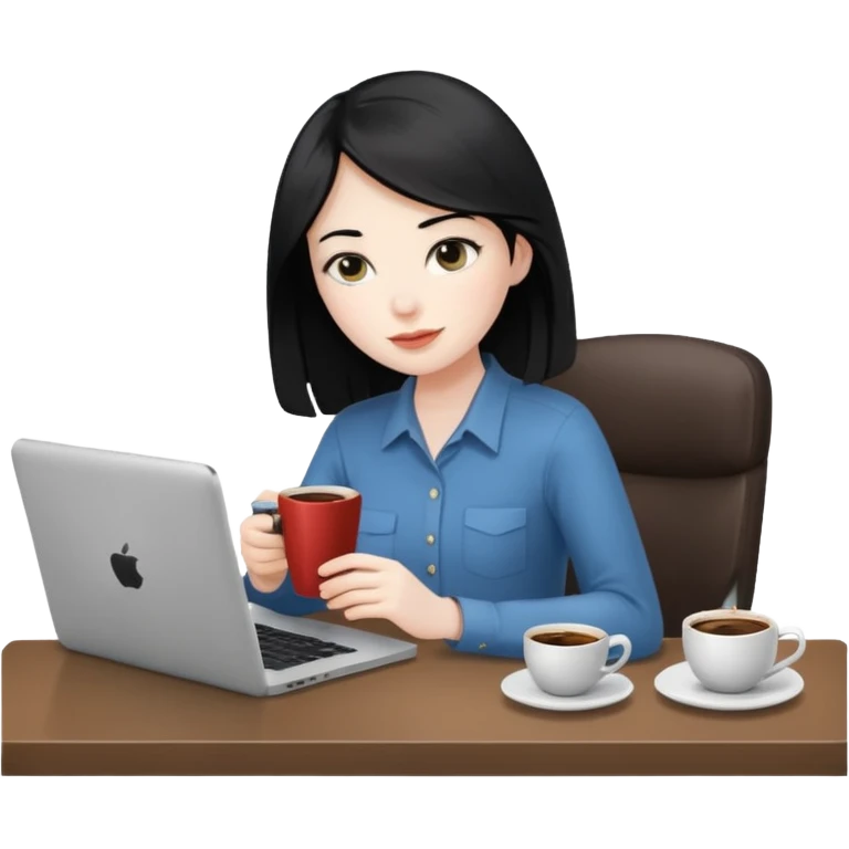 Working remote with coffee with black hair emoji
