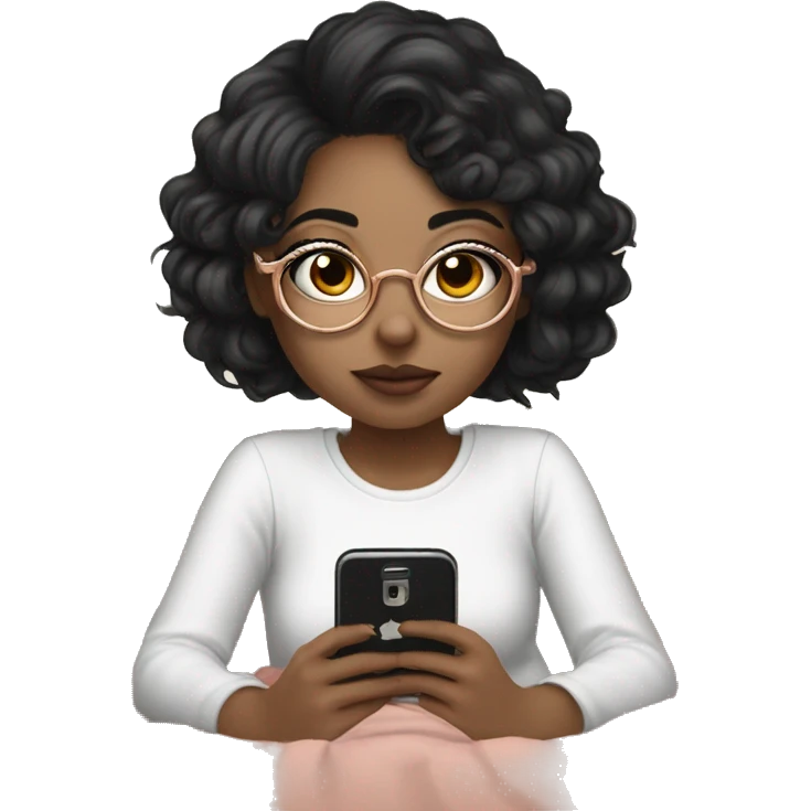 a fair-skinned girl wearing round rosegold glasses, layer blackhair playing with her cell phone with a faint smile in bed emoji