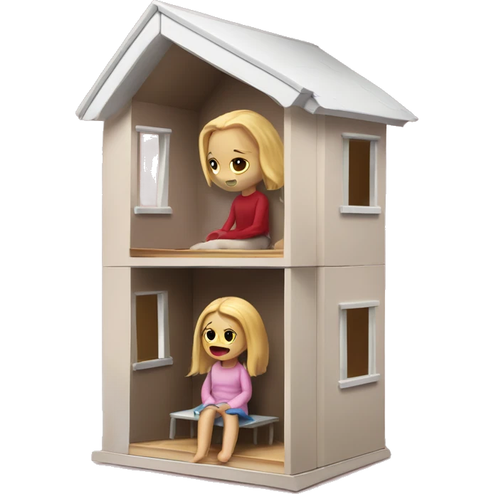 A broken-down dollhouse with a doll sitting inside, lifeless and blank-eyed emoji