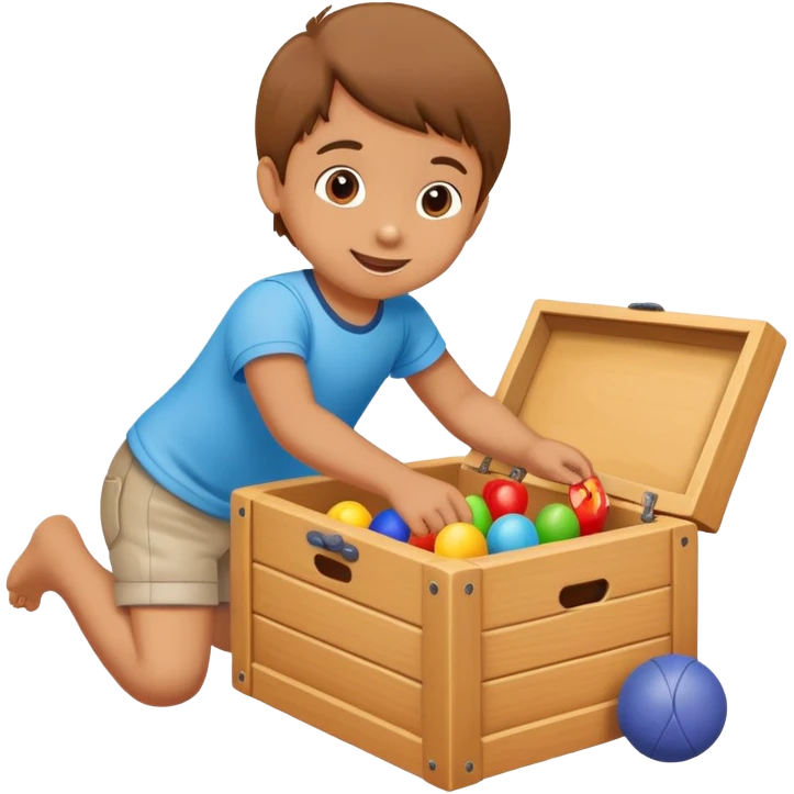 child putting toys back into a toy box, cheerful and responsible emoji