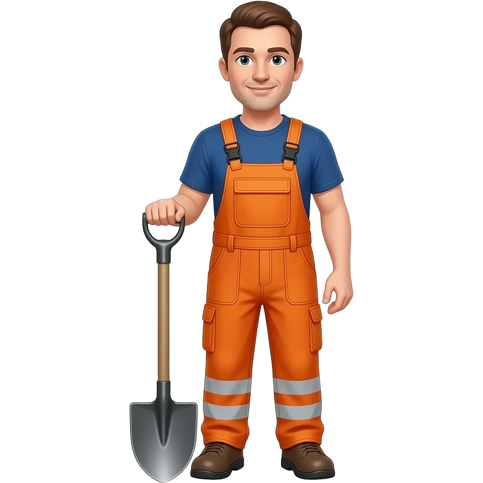 1 man in full orange hi-vis overalls standing with a shovel emoji