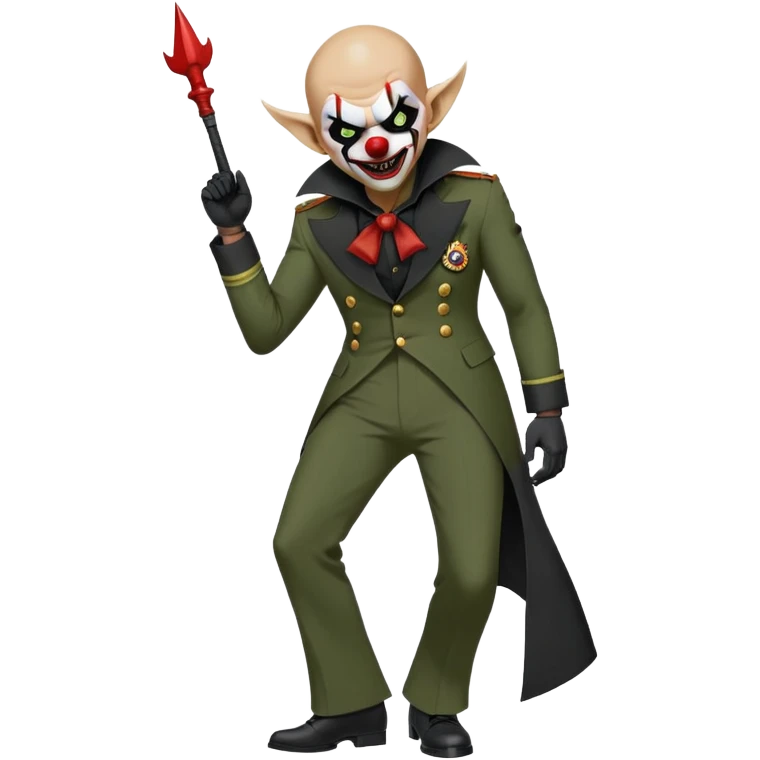 evil clown, bald, small black satan horns on forehead, fangs, pointed ears, eye patch over one eye, black and military green leisure suit with bellbottom pants, realistically proportioned, less bulky, full body, battle-ready fighting posture emoji