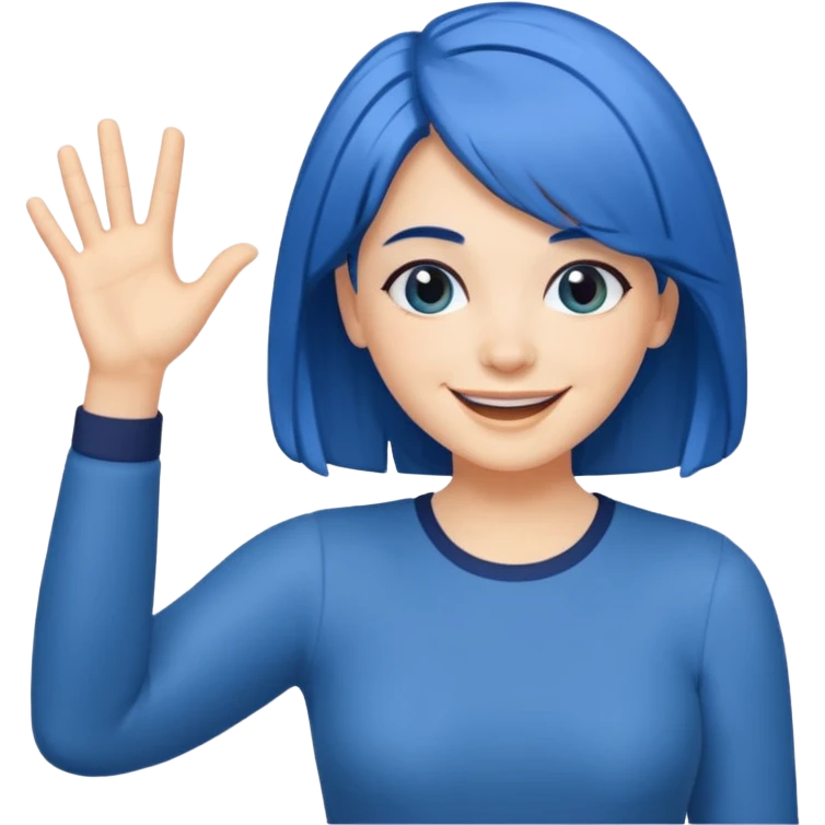 Woman with medium length blue hair doing jazz hands emoji