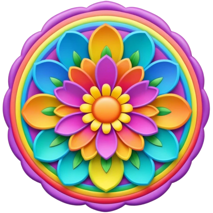 3D, psychedelic rainbow colored label with hippie style flower border emoji