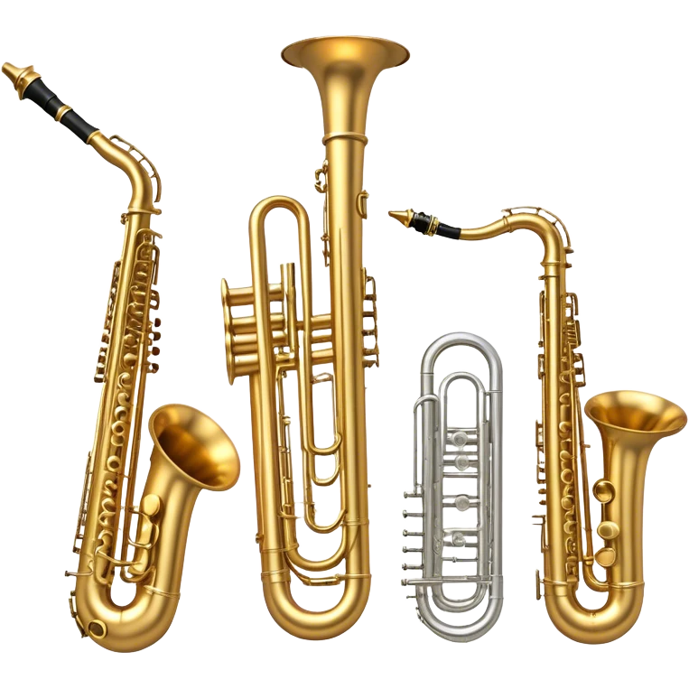 Create a professional and elegant emoji collage symbolizing wind instruments, using a combination of copper, white metal, and black wood. The design should feature iconic instruments like a trumpet, saxophone, tube, oboe, and horn. Each instrument should be represented with its key elements clearly visible.
Each instrument should be designed with realistic textures, including the gleam of metal and the deep, rich tone of black wood. Arrange the instruments in a balanced and harmonious way, making sure the elements are easily recognizable. Use metallic gold, silver, and copper tones with black wood accents. The background should be transparent to highlight the instruments. emoji