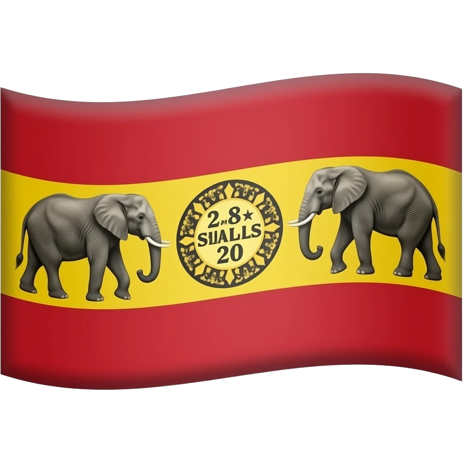 Describe the emoji is flag in the flock the three colours one upper red middle yellow lower red in the middle yellow you create that two elephants in the mmiddlein the middle yellow colour the two elephants middle one circle that circle had 28 stalls and 20th stars inside vaagai flower emoji