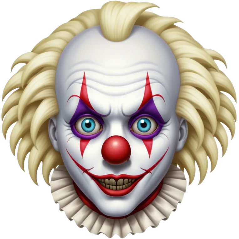 Extremely detailed image of a creepy and terrifying clown, each lash, eye, and hair is shown in stunning detail as though captured in a timeless photograph, rich textures, visually rich, so lifelike that it feels like it could leap off the page at any moment emoji