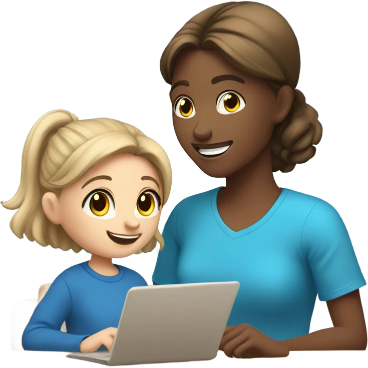 One Little Girl, white skin, bronze hair, smile, tutor, bright blue t shirt, icon  emoji