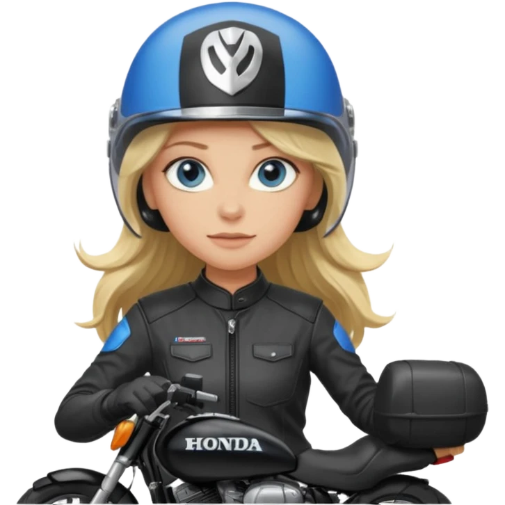 moça loira de cabelo comprido e olhos azuis com capacete em moto honda 150 preta emoji