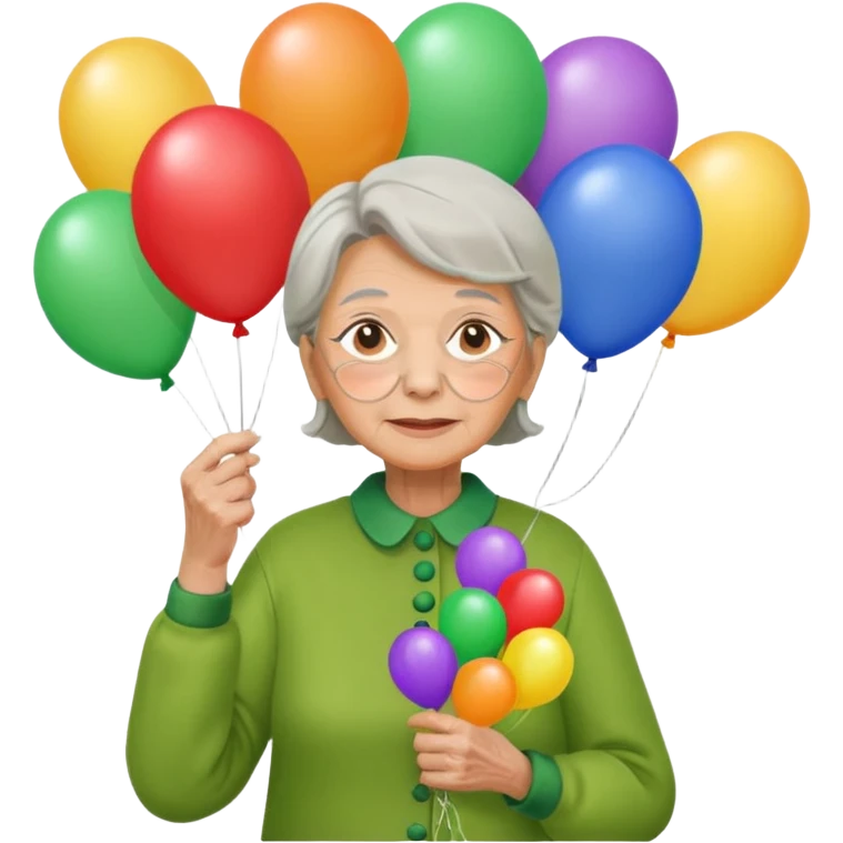 balloons holder old woman green clothes emoji