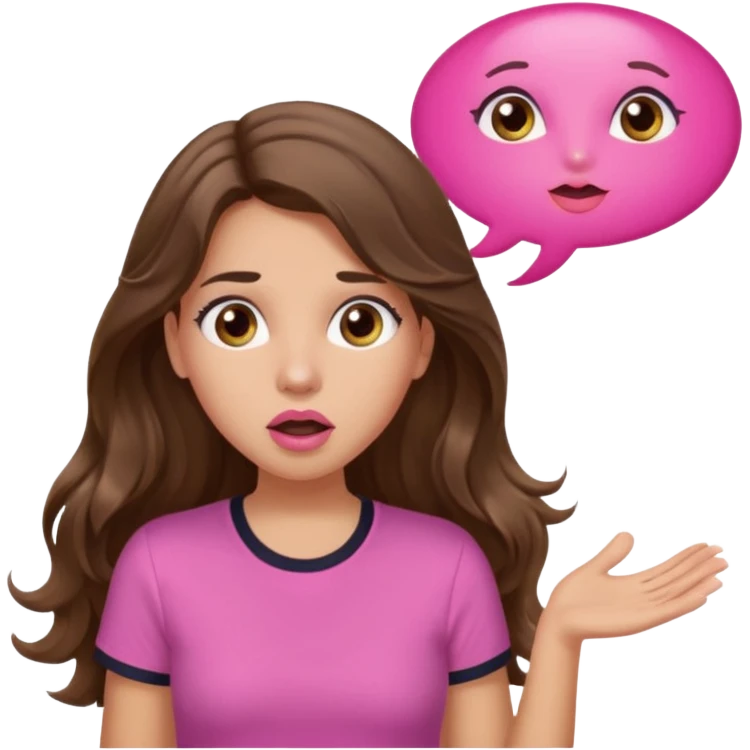 girl with long wavy brown hair, brown eyes, light to medium complexion, in a pink shirt, pink lips, long lashes, surprised, wow bubble emoji