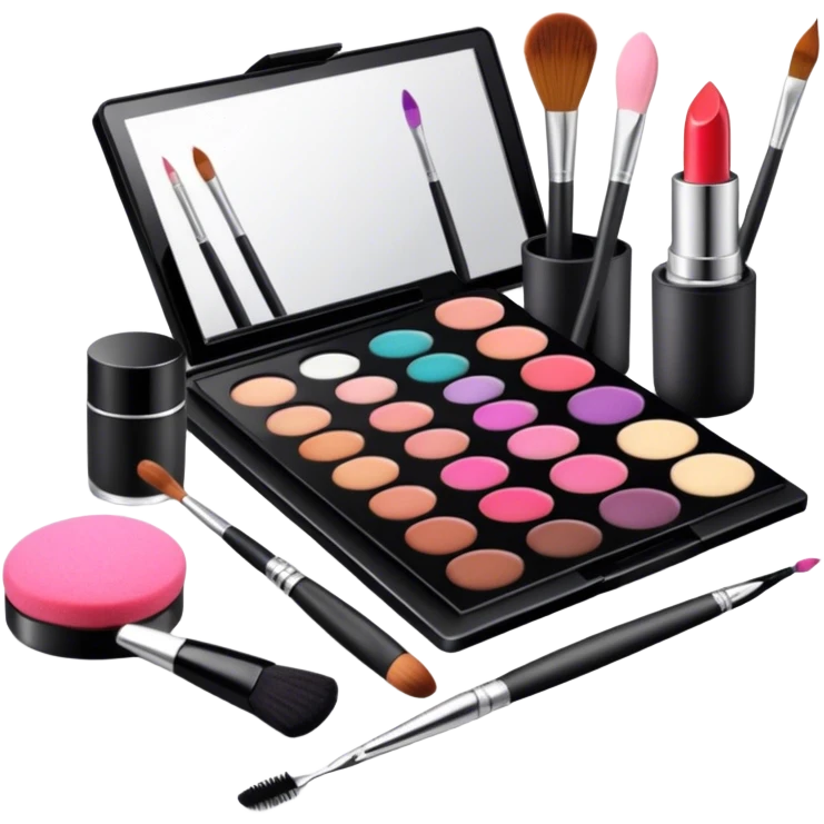 icon featuring professional makeup brushes, a high-quality lipstick, a big sleek eyeshadow palette, a makeup sponge and a set of tools like tweezers and eyeliner pencil. The design highlights the precision and artistry of makeup with detailed textures and realistic lighting. Transparent background. emoji