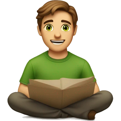 a light-skinned green-eyed man with brown hair sitting in front of the paper scroll  emoji