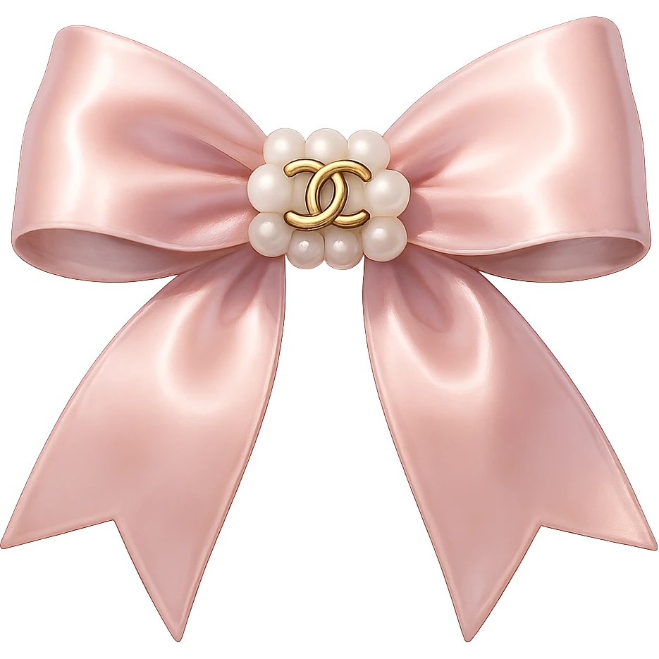 Remove the background, keep only the elegant bow with pearls and gold Chanel logo, glossy, pastel colors, realistic style, with no background. blackpink emoji