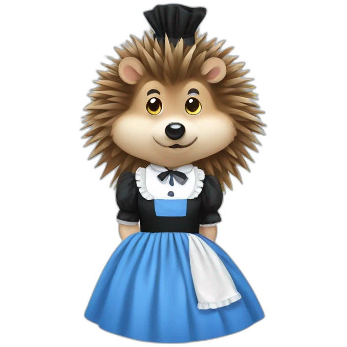 Hedgehog wearing a blue maid dress with a black bow and white frilly apron emoji