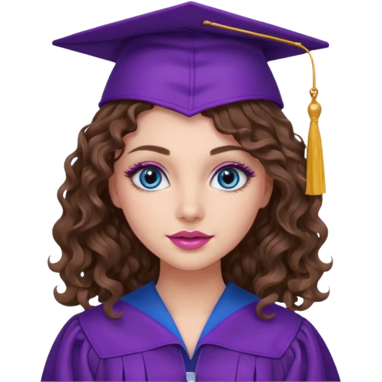 girl with curly and long wavy brown hair, blue eyes, long lashes makeup, sexy pink lips, wearing a purple graduation cap and gown emoji