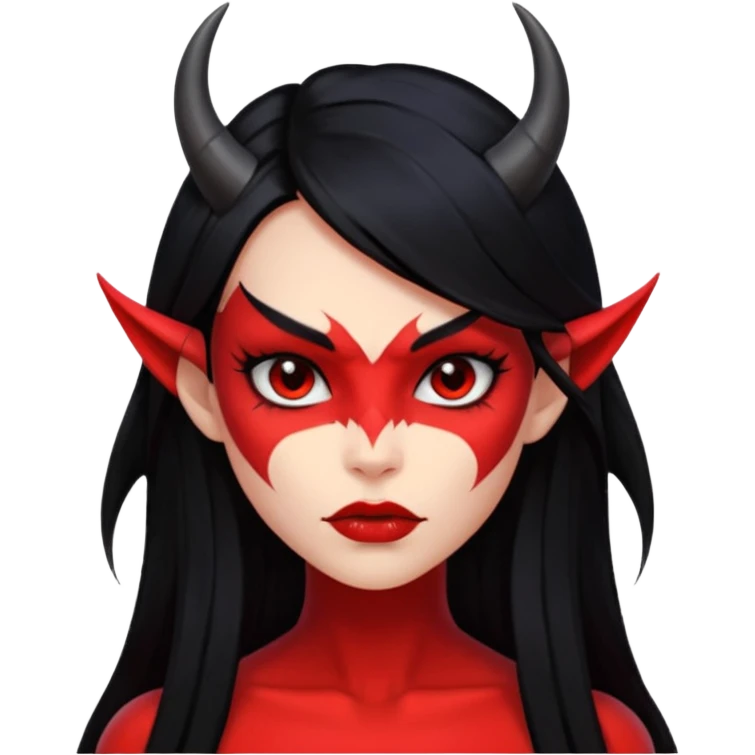 Head only demon girl, strong pronounced cheekbones, sharp angular jawline, skin fully pure red everywhere, long straight sleek black hair, small ho emoji