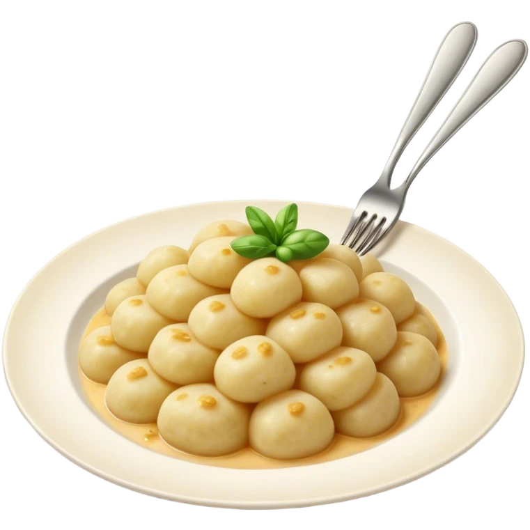 Gnocchi Cinematic Realistic Gnocchi Dish Emoji, depicted as tender potato dumplings garnished with iconic fork marks on top, rendered with soft textures and warm, inviting lighting. emoji