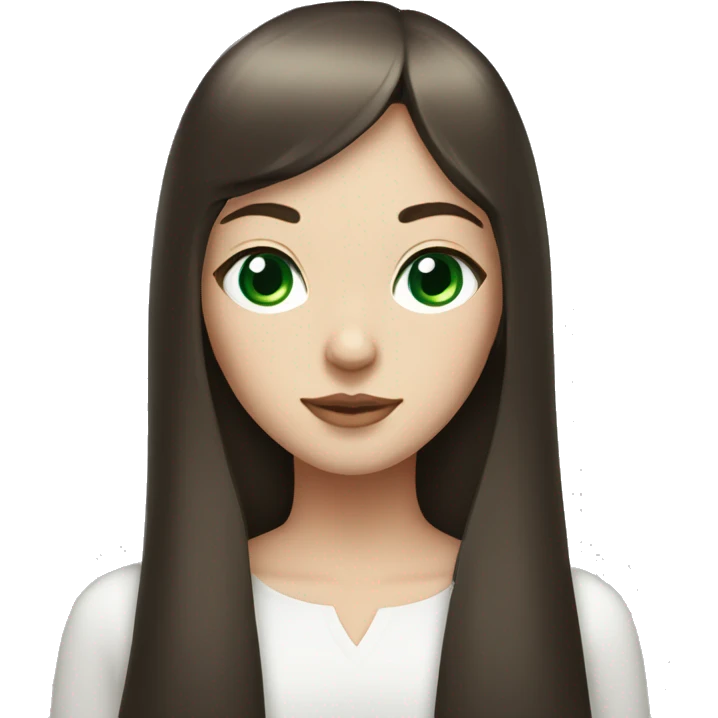 Brunette girl with long straight hair and fringe, with green eyes with a white cat with blue eyes emoji