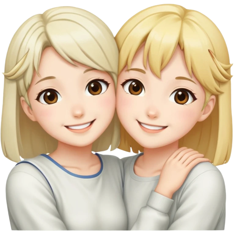 Two cute anime girls with their faces pressed together cheek to cheek, smiling happily emoji