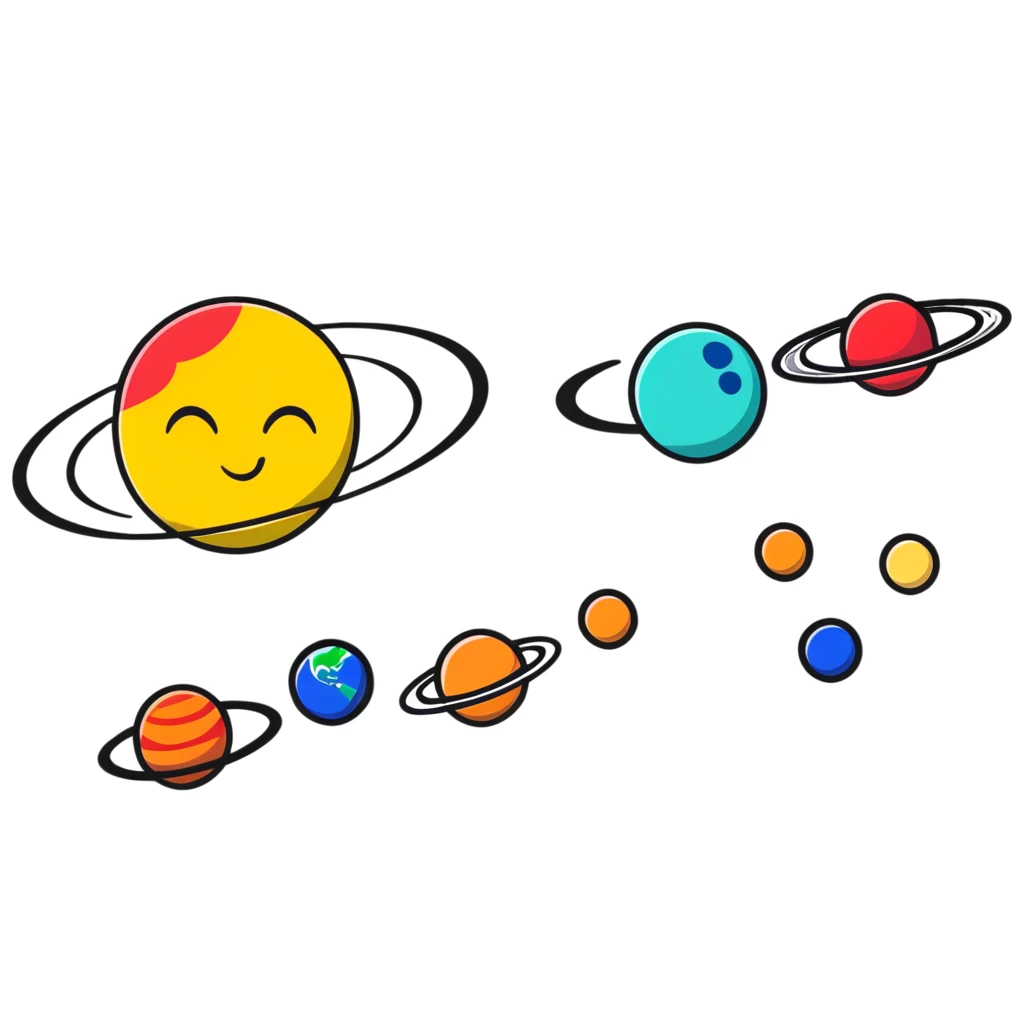Solar system with planets in the shape of hearts orbiting around a sun, cute colorful heart planets emoji