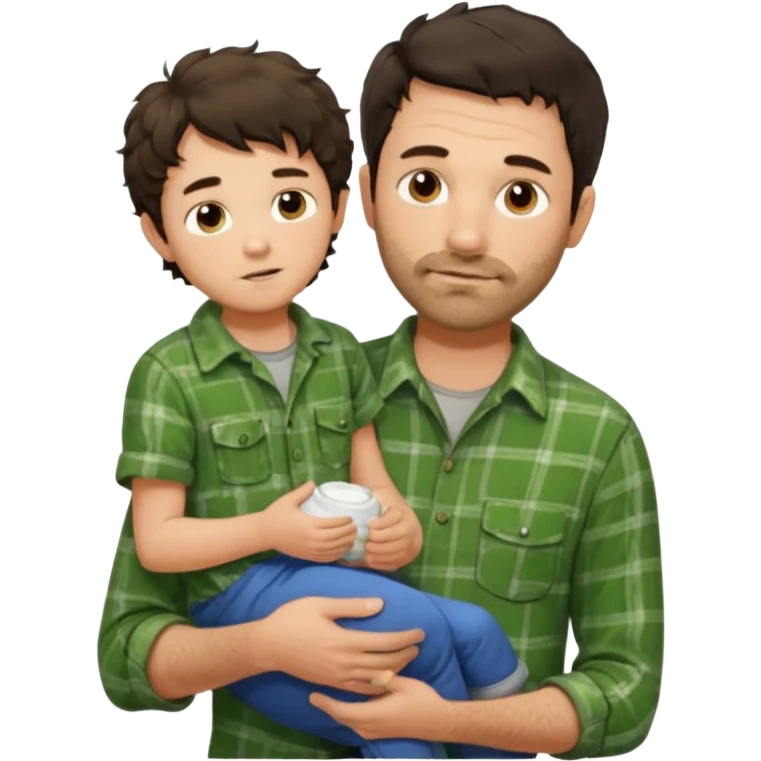 A father with messy medium-length dark hair and light stubble, wearing a green flannel shirt. He holds his one child who has short curly brown hair and a cream-colored romper. Cozy warm lighting, authentic family moment. emoji