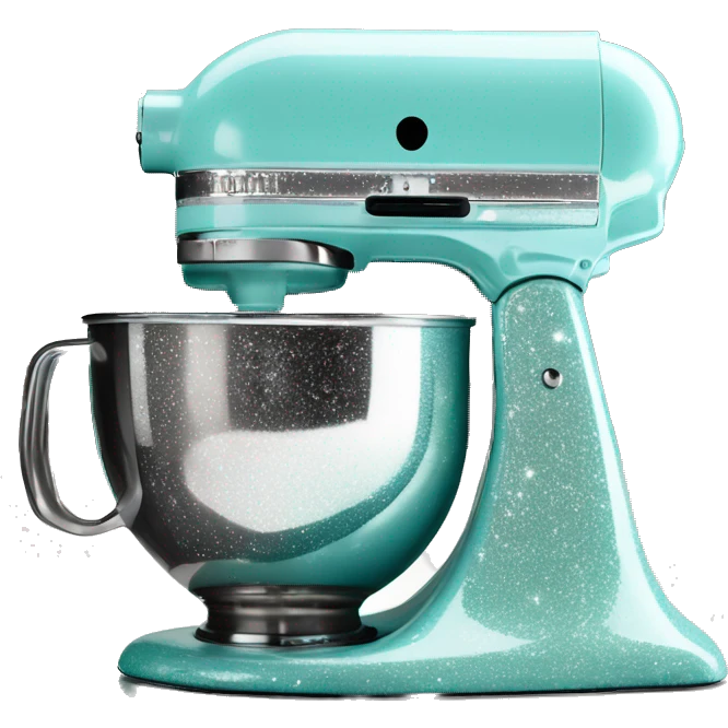 Realistic silver and pastel tiffany blue kitchenaid mixer with white shiny sparkly glitter and diamonds on it. emoji