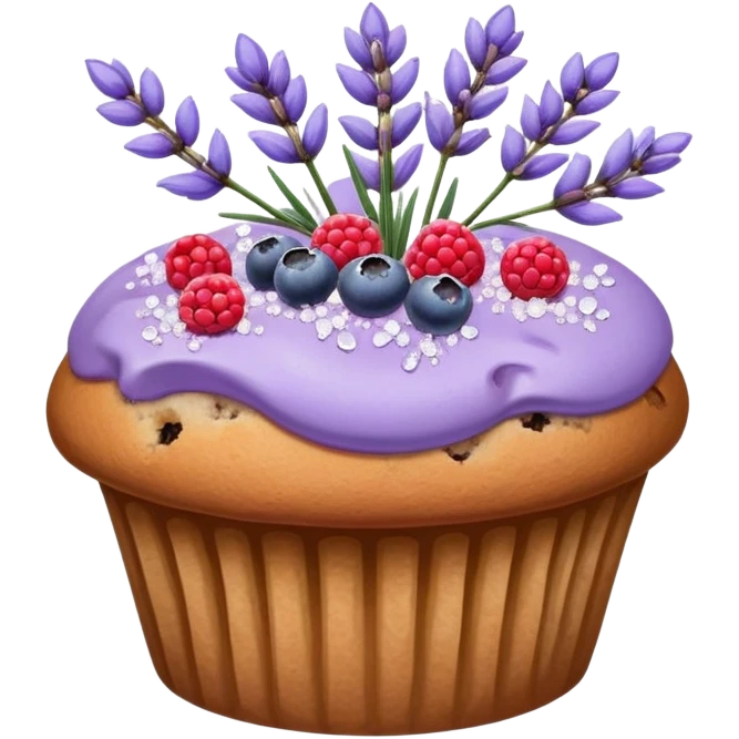 Lavender flower sprigs on a muffin with berries and sugar crystals no frosting  emoji