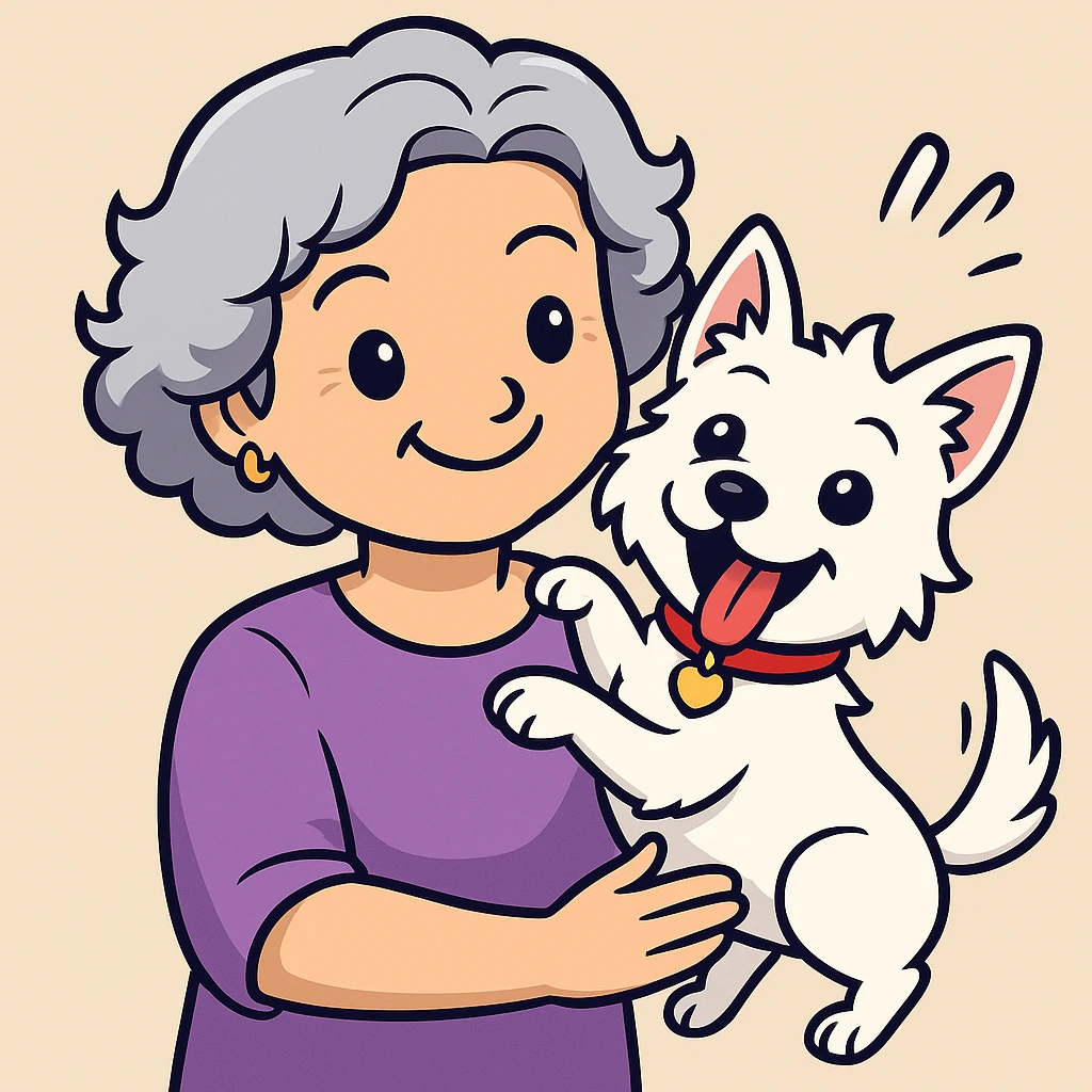 Make the Westie dog playful, with a fun pose or playful expression, keep the 50-year-old lady with silver curly hair smiling (originally sticker style) emoji