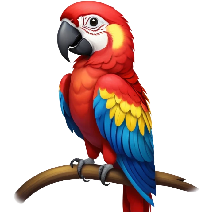 cinematic-macaw-realistic-full-body-standing-emoji,-vibrant-feathers-glowing-with-rich-reds,-blues,-and-yellows,-head-tilted-dramatically,-curved-black and white-beak-gleaming,-piercing-dark-eyes-exuding-confidence,-simplified-yet-realistic-focused emoji