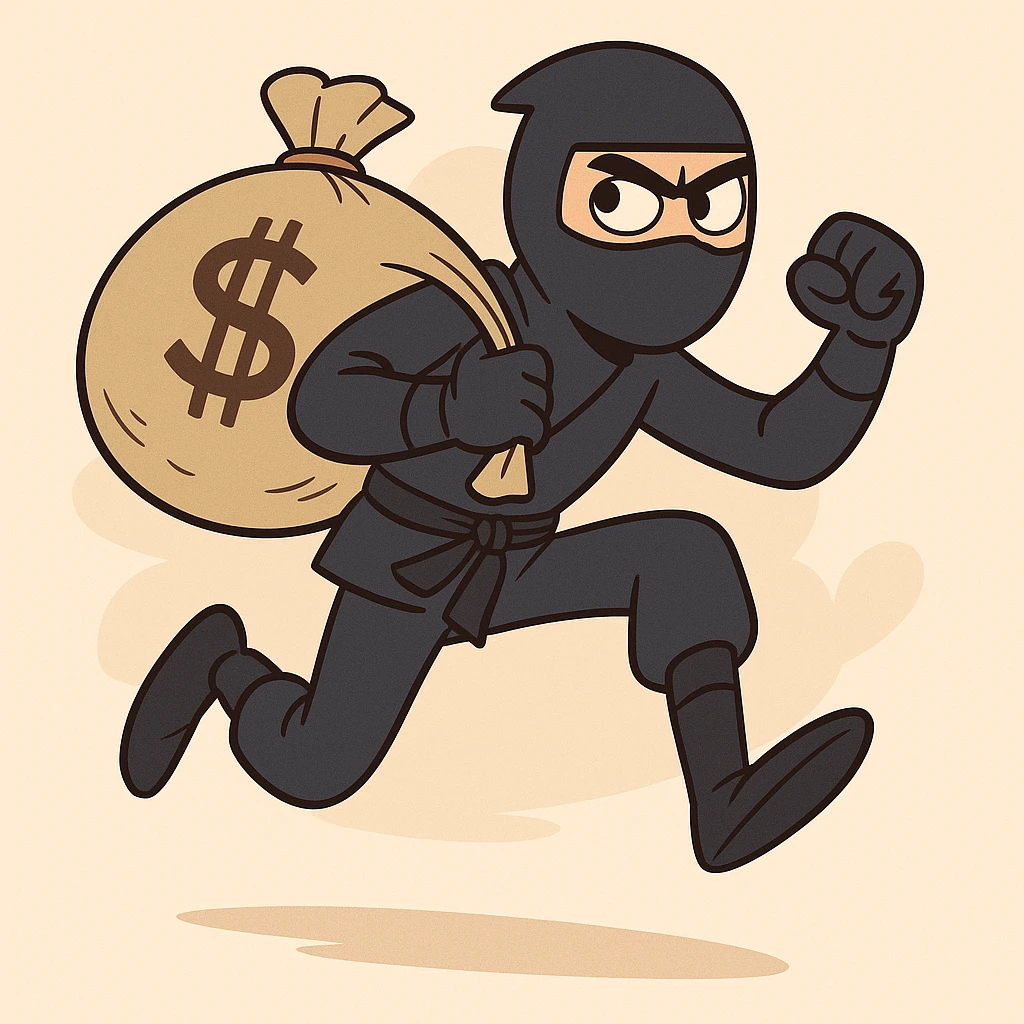a stealthy ninja carrying a sack of cash, energetic, minimal background emoji