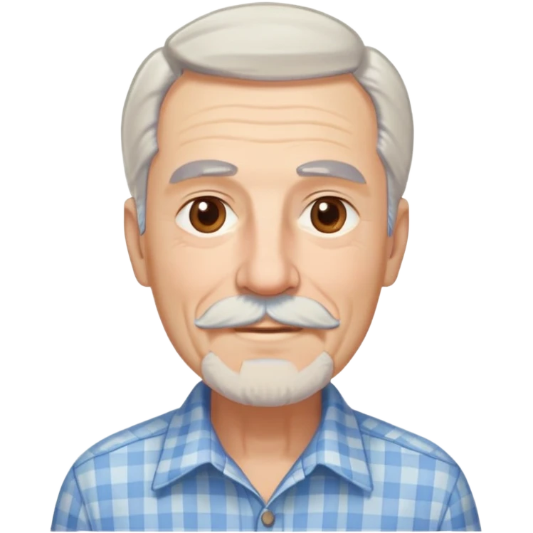 Man in his 70s with fair skin and gentle wrinkles. Long face with warm smile. Soft light brown eyes. Thin gray eyebrows. White goatee beard connected to mustache. Straight white hair combed back, longer on sides. Wearing a light blue and beige checkered button-up shirt. emoji
