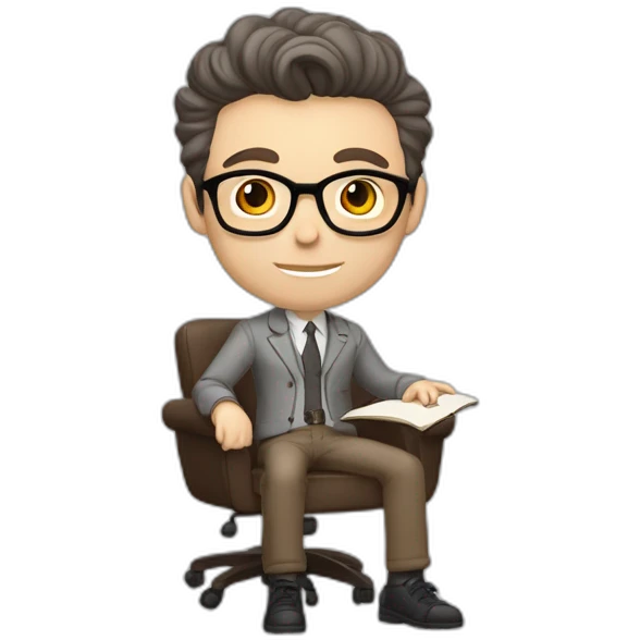 Pale skinned Fit Man With dark brown hair in gray jacket, beige office shirt, Brown pants and vintage glasses sitting In a soft chair with a notebook on spring with emblem Ψ and a pen emoji