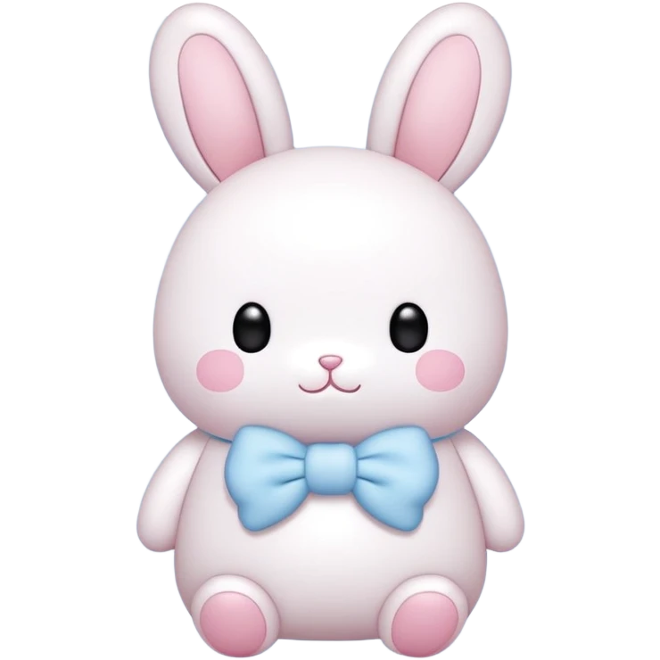 A fat bunny in authentic Sanrio style exactly like Hello Kitty and My Melody, super simplified features, extremely kawaii, tiny body with oversized head, minimal dot eyes, no nose, tiny simple mouth, pastel pink and baby blue colors, clean bold black outlines emoji