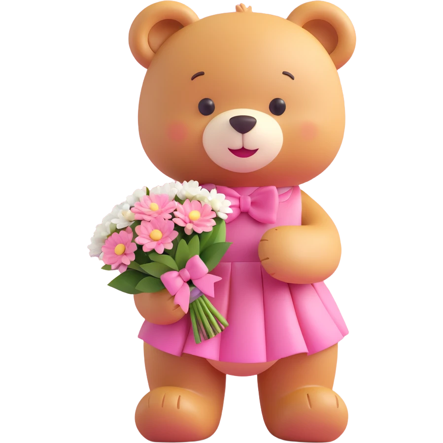 A cute teddy bear with a pink bow on its head, holding a bouquet of white flowers, in a 3D iOS Disney style, with a soft pink background and hearts floating around, wearing a pink dress, a big smile, and a cute blush on its cheeks. emoji