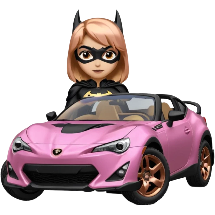 Relaxed adult Batgirl’s full reality crime fighting themed Satin black and rose gold painted Scion FR-S pursuit vehicle hot rod off road capable  emoji