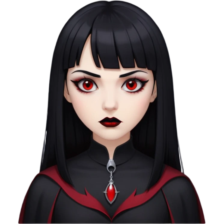 pale woman with black long straight black hair red sleepy eyes with black eyeliner black lipstick vampire teeth straight short bangs serious expression with thin black eyebrows nose piercing black clothe  emoji