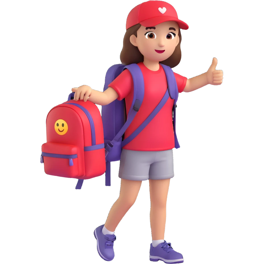 young girl with red backpack, left hand pointing up to the left, emoji style emoji
