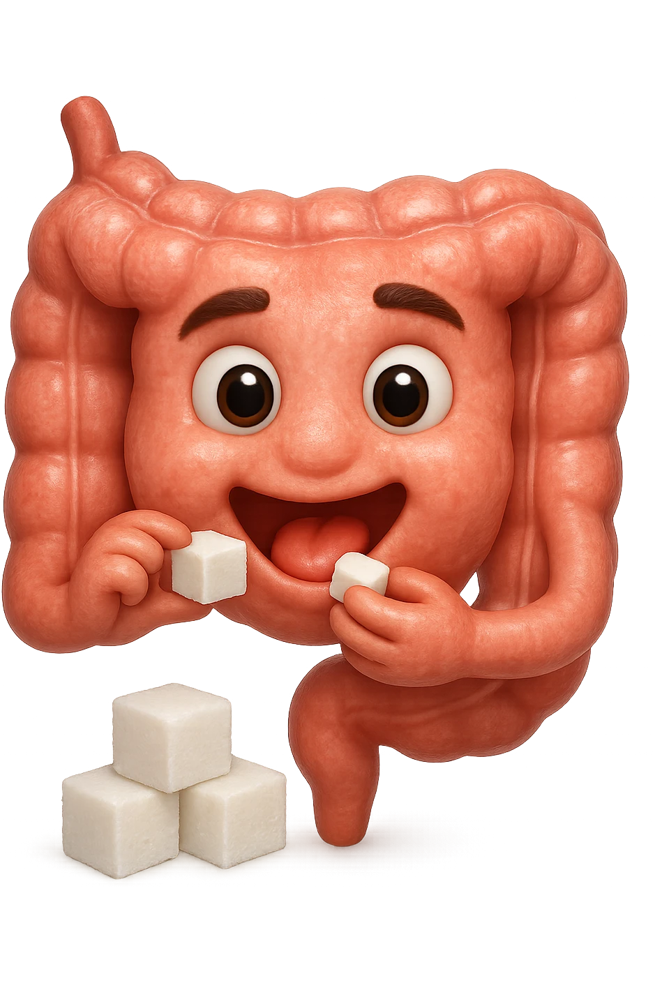 emoji stile iphone di un intestino anatomico che mangia zollette di zucchero, iperrealistico 4k, isolato su sfondo bianco emoji