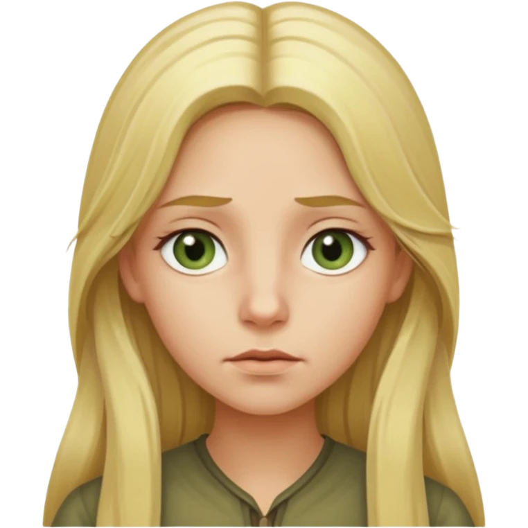blonde with long hair and swamp-colored eyes, thoughtful expression, iOS Apple emoji style emoji