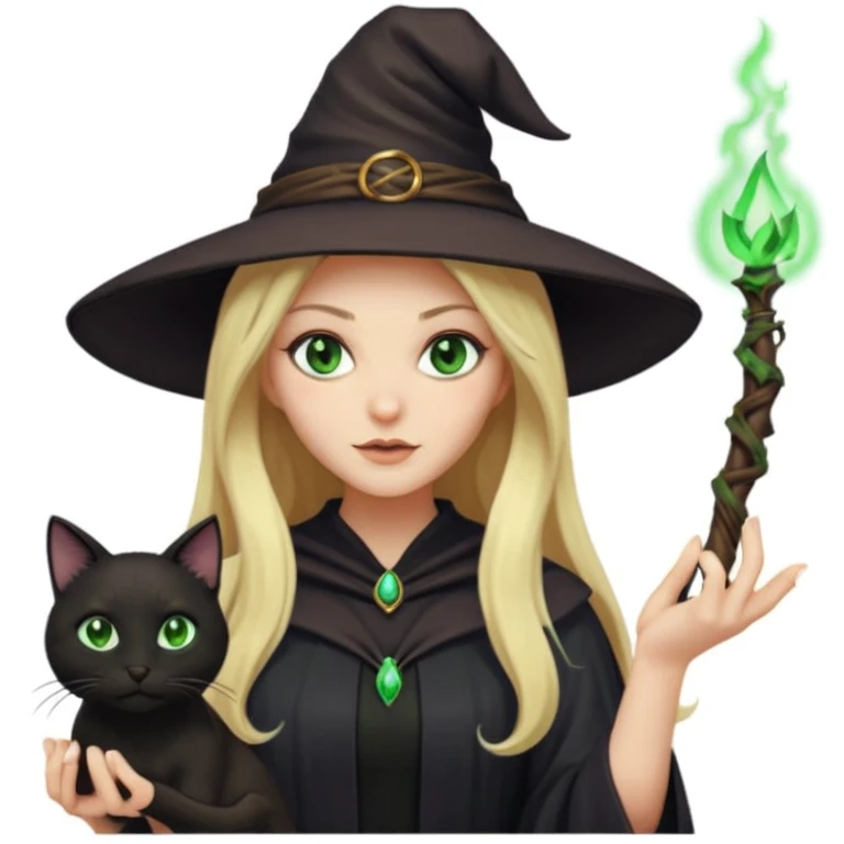 A blonde witch with a black cat, casting a spell emoji